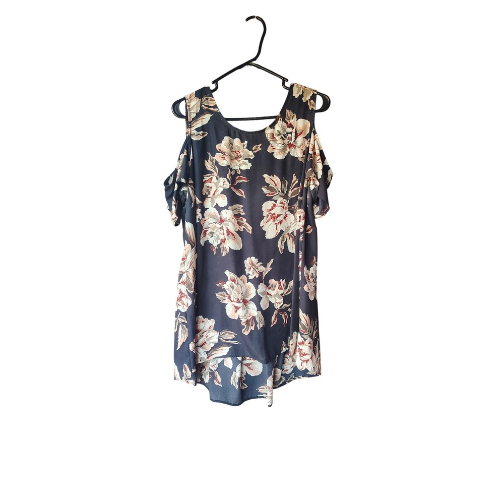 Moa Moa Womens Floral Cold Shoulder Top Navy Blue‎ High Low Blouse 1X